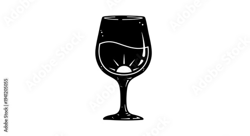 Stylized graphic illustration of a modern wine glass silhouette with a captivating sunburst emblem