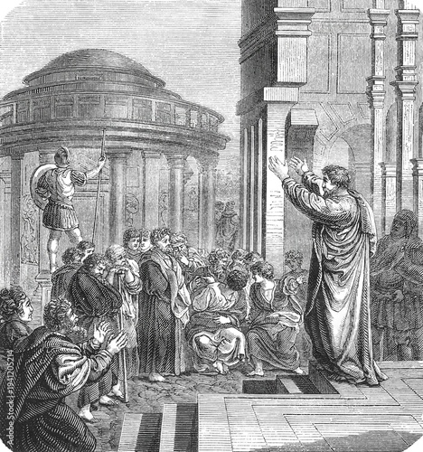 Fotografie Apostle Paul in Athens, public speaker addressing a crowd in a classical city with a round temple background, old vintage illustration, 1880