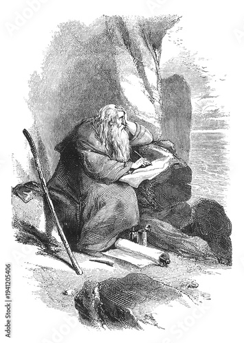 John on the island of Patmos, elderly hermit on rocky shore pondering scroll, sun setting behind him, serene light, old vintage illustration, 1880.