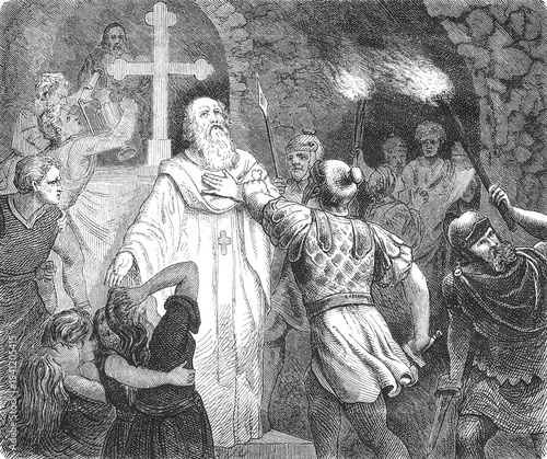 Photography Disturbed worship in the catacombs, conflict scene with central bearded robed figure, armored people with weapons and torches, stone-walled area, Ancient Rome, old vintage illustration, 1880