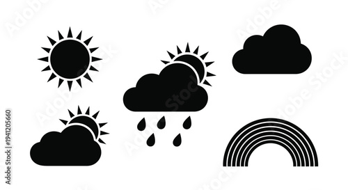 Black silhouette weather icons featuring sun clouds rain and a rainbow