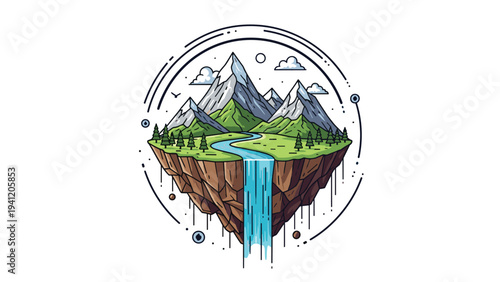 Fantasy floating island landscape with snow-capped mountains green meadows and a tall waterfall falling into the void in flat style.