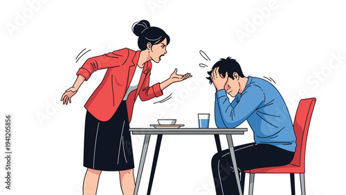 Domestic relationship conflict with an angry woman shouting at a stressed man sitting at a dining table at home illustration.