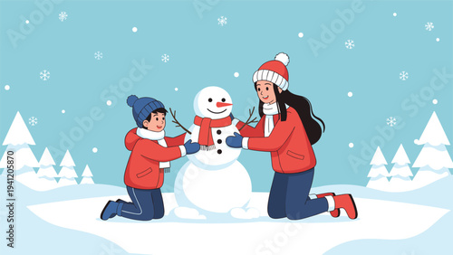Happy children in winter clothing building a snowman together in a snowy landscape with pine trees and soft falling snowflakes.