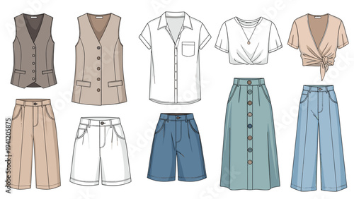 Assorted women summer fashion items including vests, shirts, crop tops, shorts, and skirts for a versatile and stylish seasonal wardrobe.