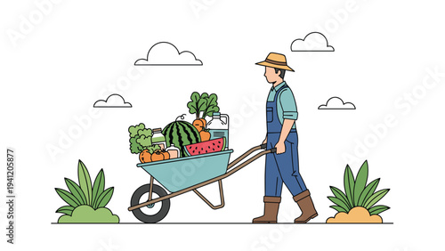 Farmer in a hat pushing a wheelbarrow overflowing with fresh summer fruits and vegetables like watermelon greens and water.
