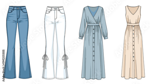 Collection of stylish women fashion apparel including flare denim jeans and button-down maxi dresses for various casual occasions.