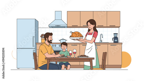 Happy family gathering in the kitchen where a mother serves a delicious roasted turkey to her husband and son at the dinner table.