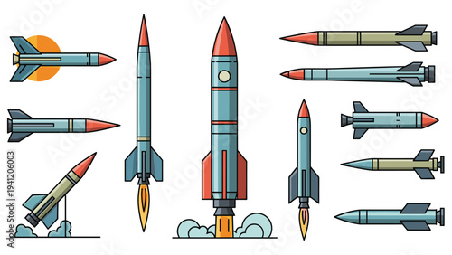 Detailed collection of military missiles and space rockets in different launch phases and orientations for technical illustrations.