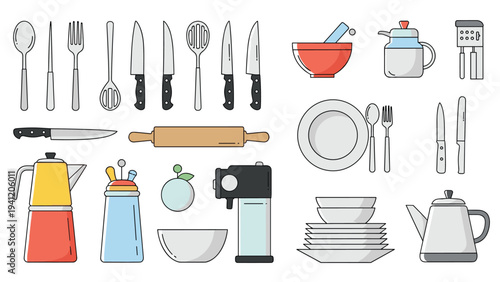 Comprehensive set of kitchen essentials including knives, spoons, rolling pins, pots, and various cooking appliances for food preparation.