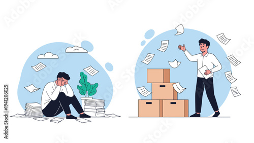 Two illustrations showing the stress of office work with one man overwhelmed by paperwork and another struggling with messy boxes.