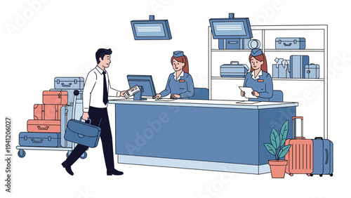 Busy airport check-in counter where professional staff members assist a businessman with his travel documents and luggage.