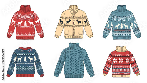Collection of cozy winter sweaters featuring traditional knitted patterns and reindeer designs for the holiday season.
