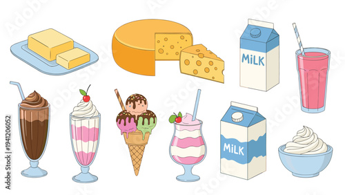 Selection of delicious dairy products including fresh milk, various cheeses, butter, milkshakes, and sweet ice cream desserts.