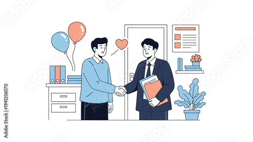 Two businessmen shaking hands in an office to celebrate a successful new partnership or positive agreement with joy.