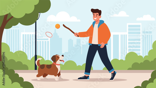 Happy man enjoying some outdoor leisure time by playing with his dog and throwing a stick in a sunny city park.