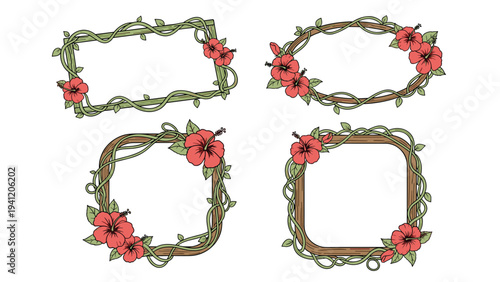 Tropical floral frames decorated with hibiscus flowers and green leaf vines in rectangular and oval shapes for design elements.