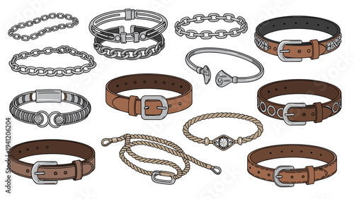 Fashion accessories set featuring various leather belts metal chain bracelets and braided jewelry items for style concepts.