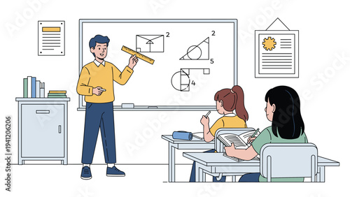 Math teacher explaining geometric formulas on a whiteboard to students in a school classroom setting with modern office furniture.