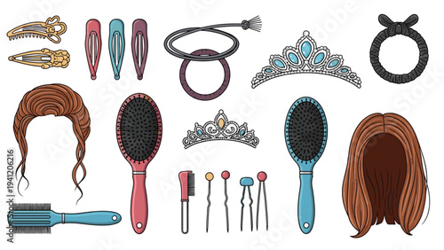 Hair accessories and grooming tools collection including brushes clips tiaras wigs and hairpins on a white background.