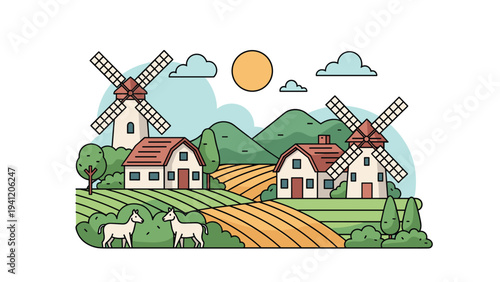 Rural countryside landscape with traditional houses windmills green fields and grazing animals under a bright sunny sky.