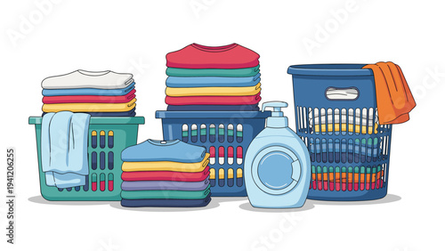 Laundry room organization with laundry baskets full of colorful clothes stacks of folded shirts and liquid detergent bottle.
