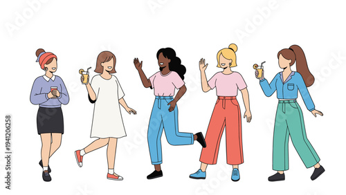 Group of diverse fashionable women socializing together with drinks and coffee while walking on a plain white background.