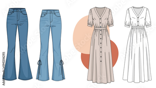 Women fashion apparel set featuring flared denim jeans and long buttoned dresses in neutral and blue colors on a white background.