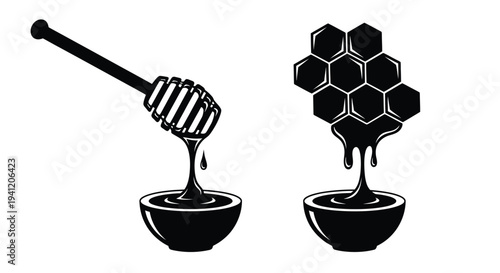 Black and white illustration of honey dipper and honeycomb dripping into bowls