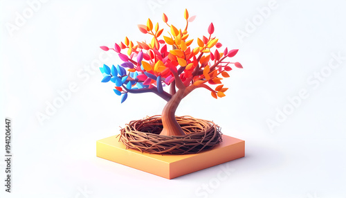 Colorful autumn tree with nest on square platform in minimal 3D rendering style