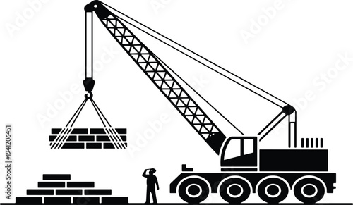 Mobile crane lifting brick pallet at construction site with worker silhouette, heavy equipment vector illustration for building industry, engineering, infrastructure and construction work concept