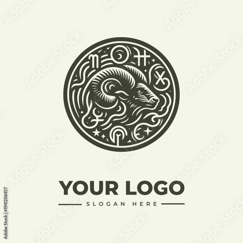 A logo design featuring a ram's head with astrological symbols in a circular, vintage engraving style on a beige background, with space for a slogan.