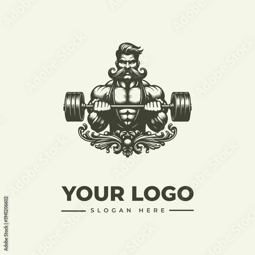A muscular man lifting dumbbells in a vintage-style woodcut illustration with ornate details and a placeholder logo and slogan on a cream background.