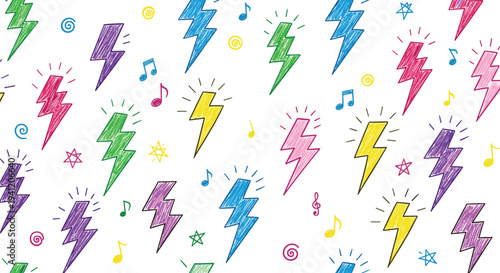 Colorful Lightning Bolt Doodle Vector Set with Music Notes and Hand Drawn Electric Flash Symbols