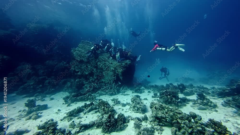Group of adventurous scuba divers explore a vibrant coral reef in the ...