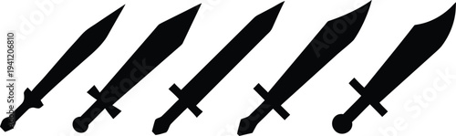 Five Sharp Swords Lined Up Silhouetted Against White Background, Ready for Battle or Symbolizing Strength and Conflict