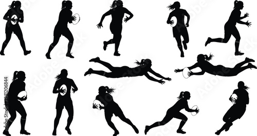 Silhouetted ultimate frisbee players in action, running, jumping, diving, catching and throwing disc poses, dynamic athletic sport illustration, team gameplay icons