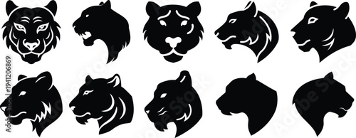 Collection of diverse tiger head silhouettes, front and profile views, black on white background, powerful feline icons