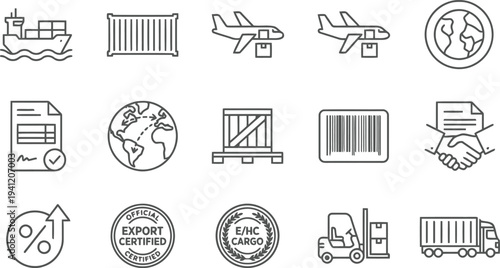 Logistics icons set, shipping and export symbols, cargo transportation, business handshake