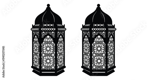 Two ornate black lanterns with intricate geometric designs on a white background