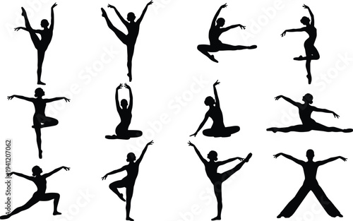 Silhouettes of ballet dancers in expressive poses, arabesques, splits, seated and standing positions, elegant choreography, dance movement illustration design