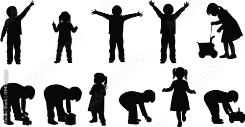 Silhouettes of children playing and interacting, toy stroller, bending poses, standing gestures, childhood behavior, playful posture illustration vector design