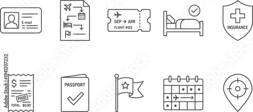 Travel and tourism icons set, passport, visa, health insurance, calendar