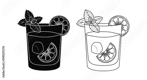 Two black and white line drawings of refreshing lemon mint drinks in glasses