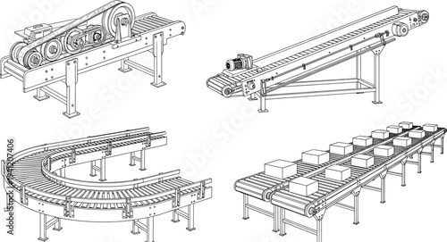 Industrial conveyor system illustration set with roller, belt, curved, dual lane conveyors, automated material handling logistics concept – flavector