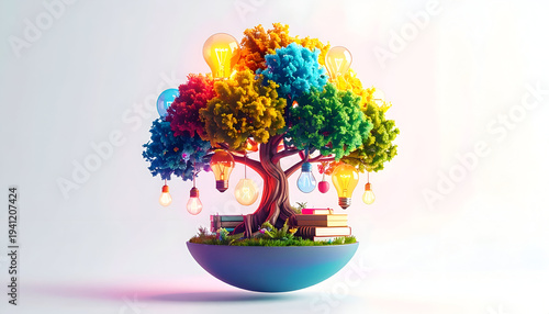 Colorful tree with light bulbs and books isolated on white conceptual idea