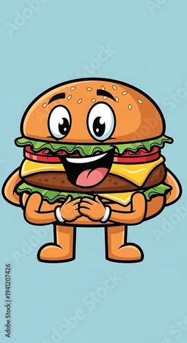 Cartoon Hamburger Character Holding Self.