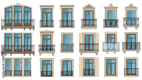 Diverse collection of architectural window designs featuring ornate iron balconies and elegant classical frames for building inspiration.