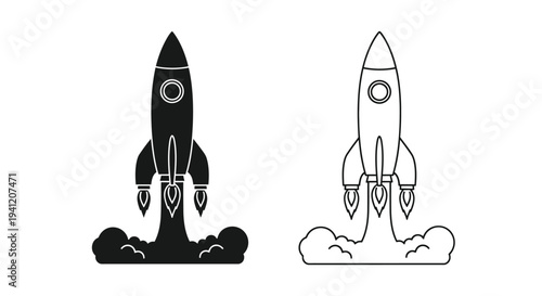 Two rocket ship illustrations one dark and one light taking off
