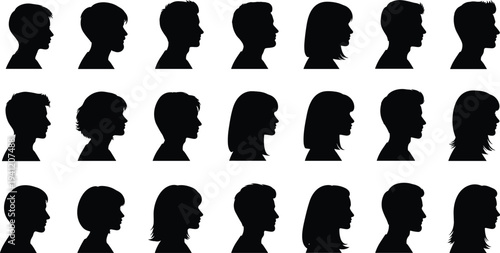 Silhouettes of diverse human head profiles, side view faces, hairstyle variations, demographic representation, anonymous figures, identity illustration design collection